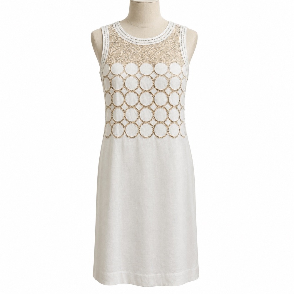 Etcetera Geometric Lace Mesh Yoke Sheath Dress Womens 6 White Sleeveless